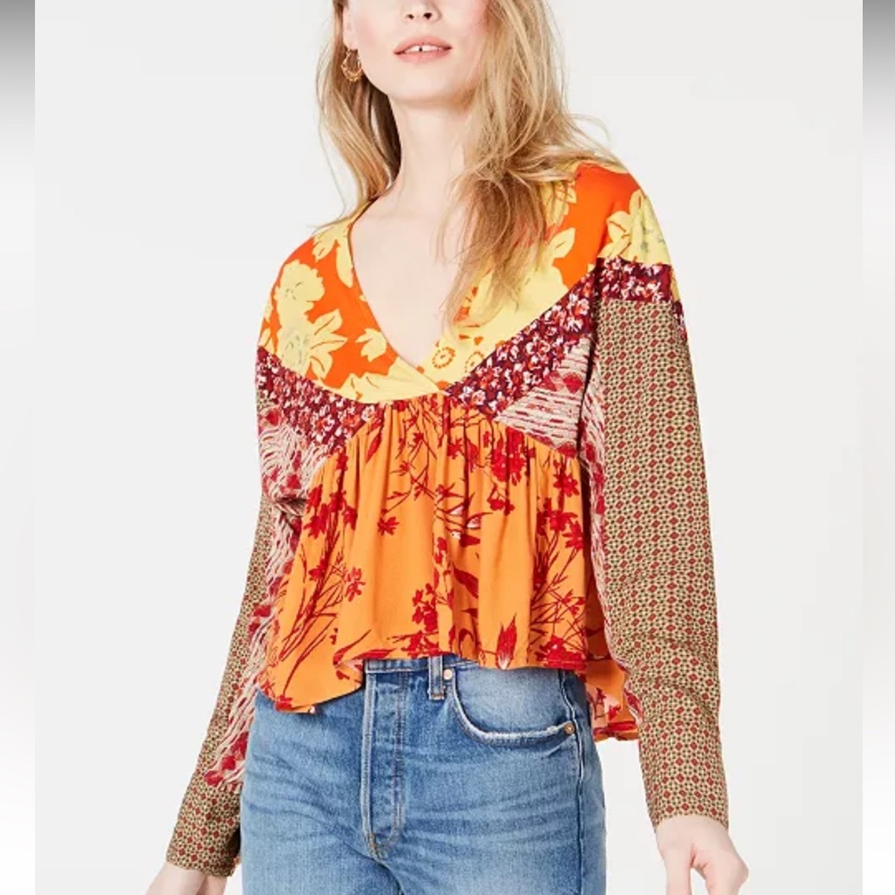 Free People Top Blouse Women XS Orange Yellow Multi Media Boho Hippie Festival